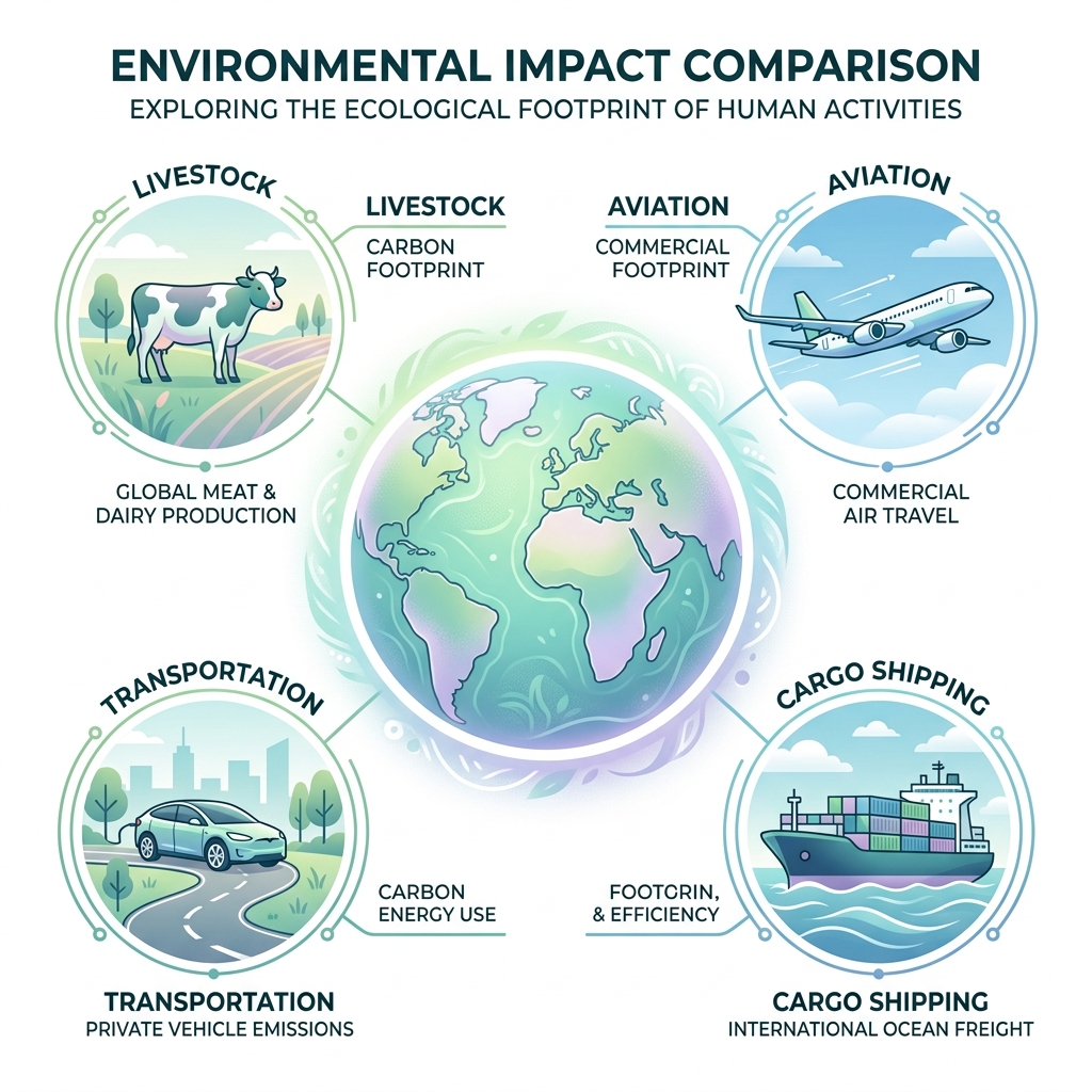 Educational illustration of cow, car, ship, and plane around Earth
